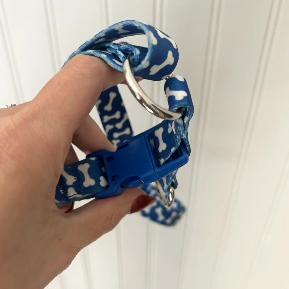 Blue Small Dog Harness with Bone Pattern